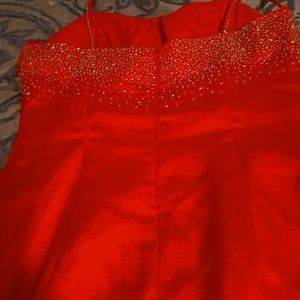 Long Satin red dress with silver beads